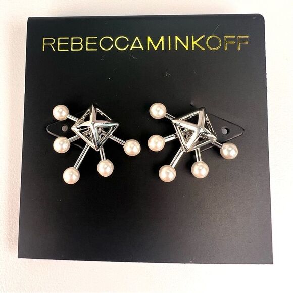 Rebecca Minkoff, rhodium faux pearl pyramid fan stud and jacket earrings NWT - Picture 2 of 4